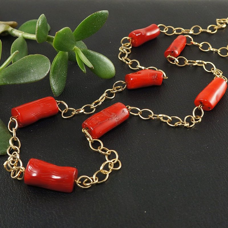 Red Coral Necklace Long Chain Beaded Natural Coral Statement Necklace Jewelry - 項鍊 - 半寶石 紅色