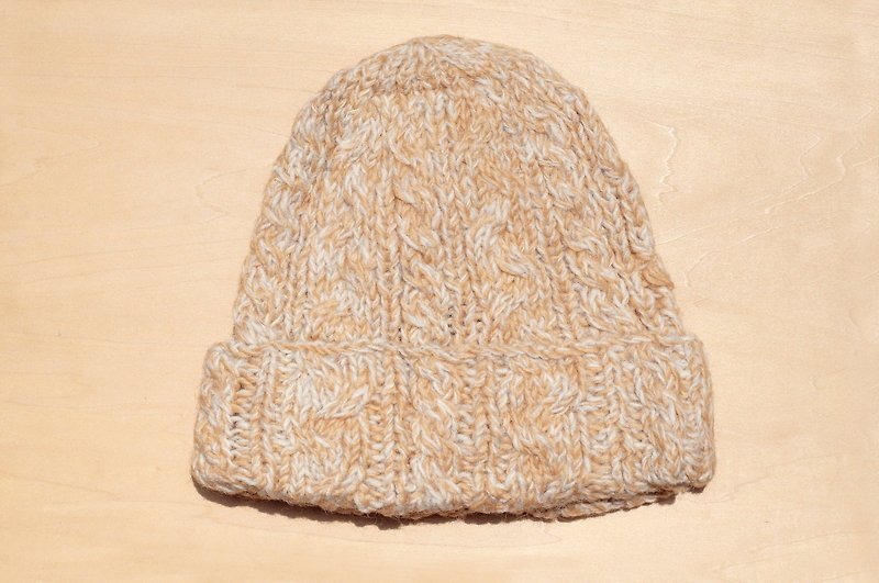 Christmas Market Handmade Woven Pure Woolen Hat / Knit Hat / Knitted Woolen Cap / Inner Bristle Handwoven Woolen Hat / Yarn Hat - Caramel Color Mixed Twist - หมวก - ขนแกะ สีเหลือง