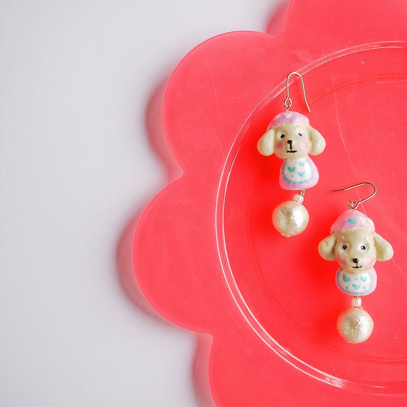 Clay Earrings Pet Teddy Dog Earrings Ear Hook - ต่างหู - ดินเหนียว ขาว