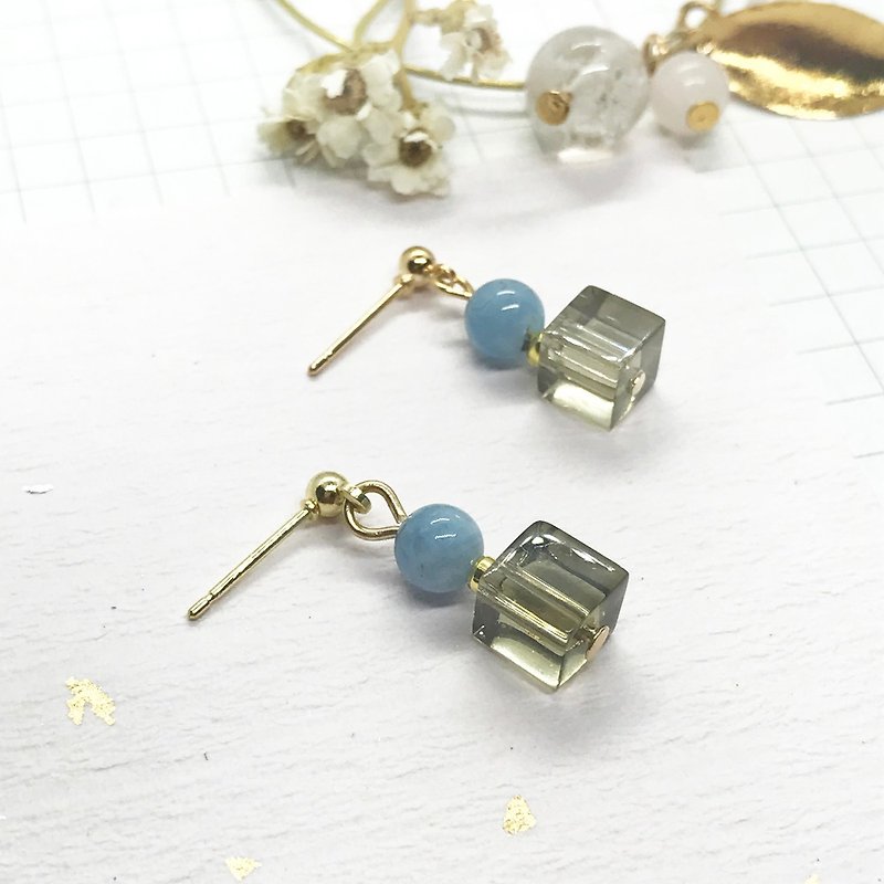 Aquamarine Square Gemstone Earrings - ต่างหู - เครื่องเพชรพลอย สีน้ำเงิน