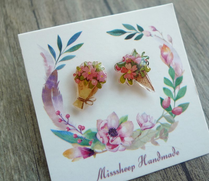Misssheep- [U04- small bouquet] watercolor hand-painted style asymmetric hand-made earrings (ear pin / reversible ear clip) [a pair] - ต่างหู - พลาสติก 