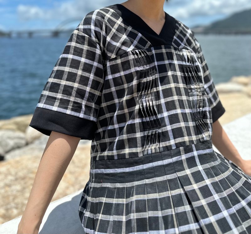 Sew in Silence Japanese checkered pleated dress - One Piece Dresses - Cotton & Hemp 