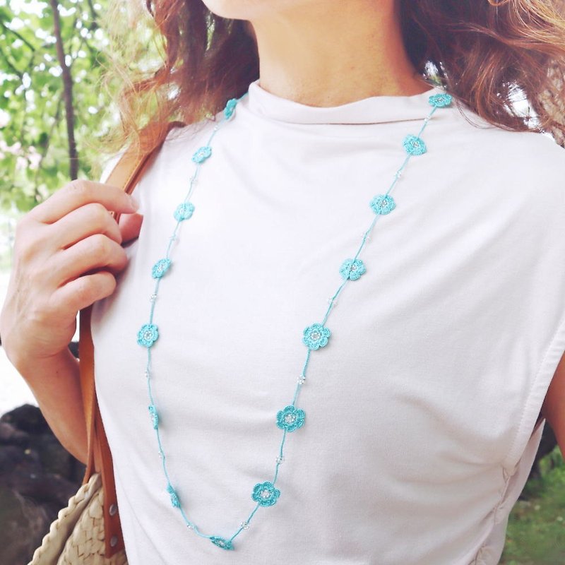 OYA crochet 90cm Lariet【MARY】Turquoise - Necklaces - Thread Blue