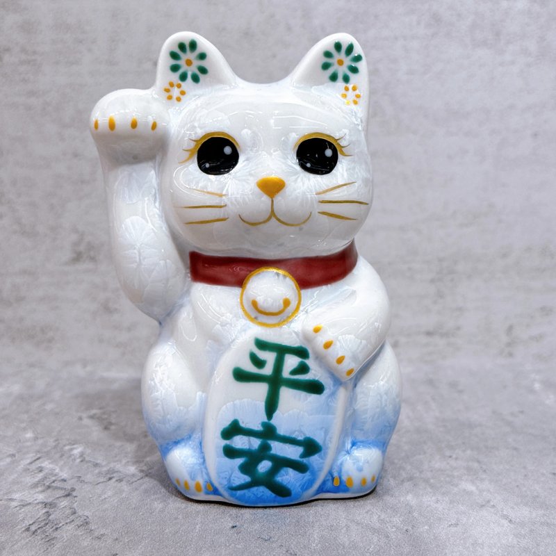 【青白冰花】日本清水燒招財貓 | 花結晶 青白 平安 右 特小 - 擺飾/家飾品 - 瓷 白色