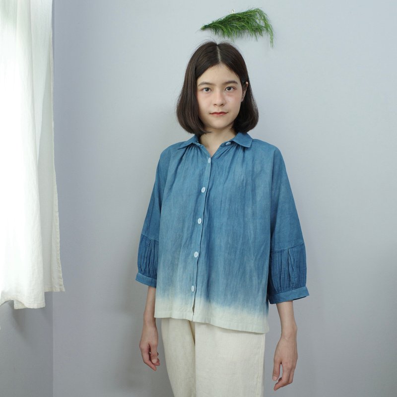 indigo shade soft-sleeve blouse / shirt - 100% cotton natural dye - 女上衣/長袖上衣 - 棉．麻 藍色