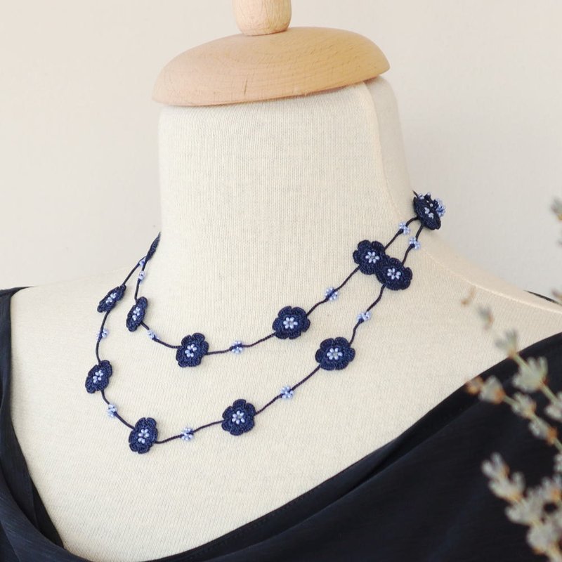 レース編みの90cmラリエット【マリー】ネイビーブルー - 項鍊 - 繡線 藍色