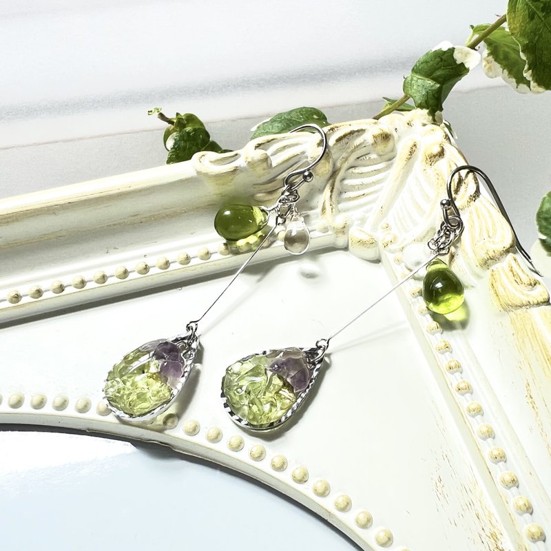 Natural stone peridot/amethyst teardrop glass earrings   surgical stainless 0024 - 耳環/耳夾/耳骨夾 - 半寶石 綠色