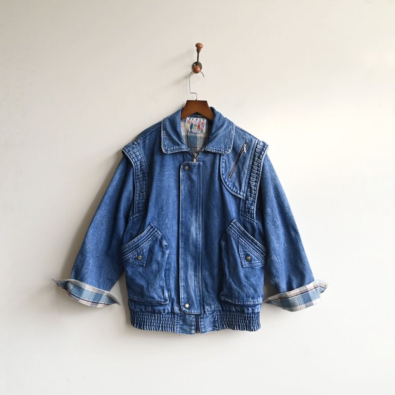 [Egg Plant Vintage] Funny Denim Vintage Blossom Jacket - เสื้อแจ็คเก็ต - ผ้าฝ้าย/ผ้าลินิน สีน้ำเงิน