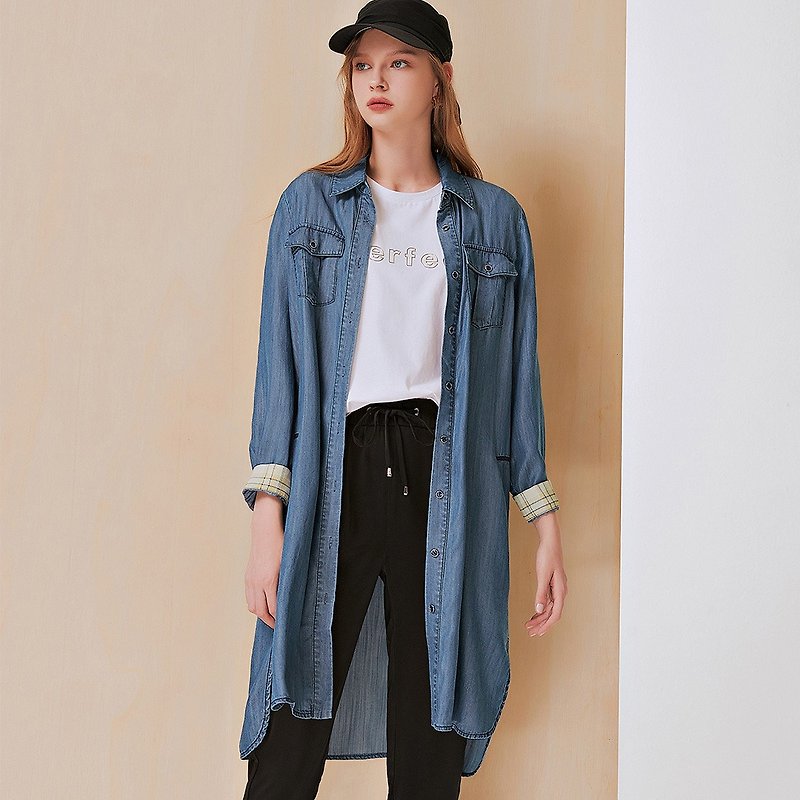 OUWEY Ouwei Draped Wind Lyocell Thin Denim Long Jacket (Blue) 3211398402 - Women's Casual & Functional Jackets - Other Materials 