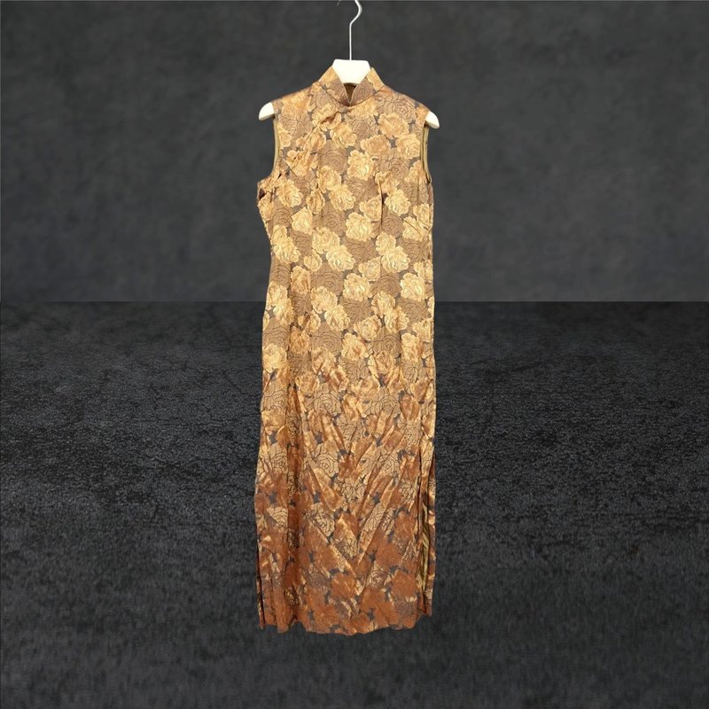 Second-hand Bronze gold peony jacquard antique custom-made cheongsam CA0803 - One Piece Dresses - Polyester Gold