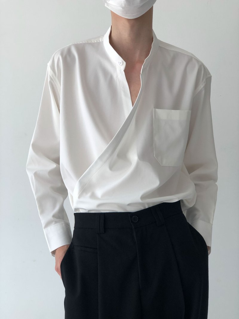 French minimalist abstinence stand collar loose long sleeve shirt - เสื้อเชิ้ตผู้ชาย - วัสดุอื่นๆ ขาว