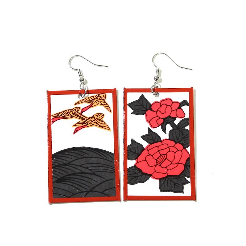 Hanafuda earrings / Wild Geese and Peonies - Earrings & Clip-ons - Paper Red