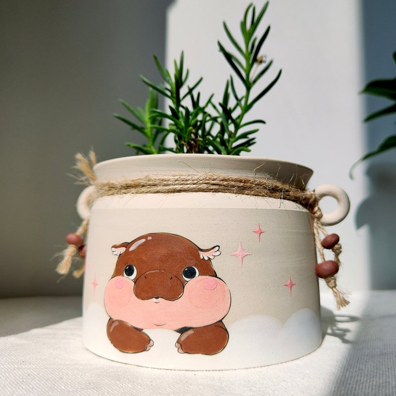 Cute pygmy hippo painted on creamy-white planter. Handmade pot with drainage. - Pottery & Ceramics - Pottery 