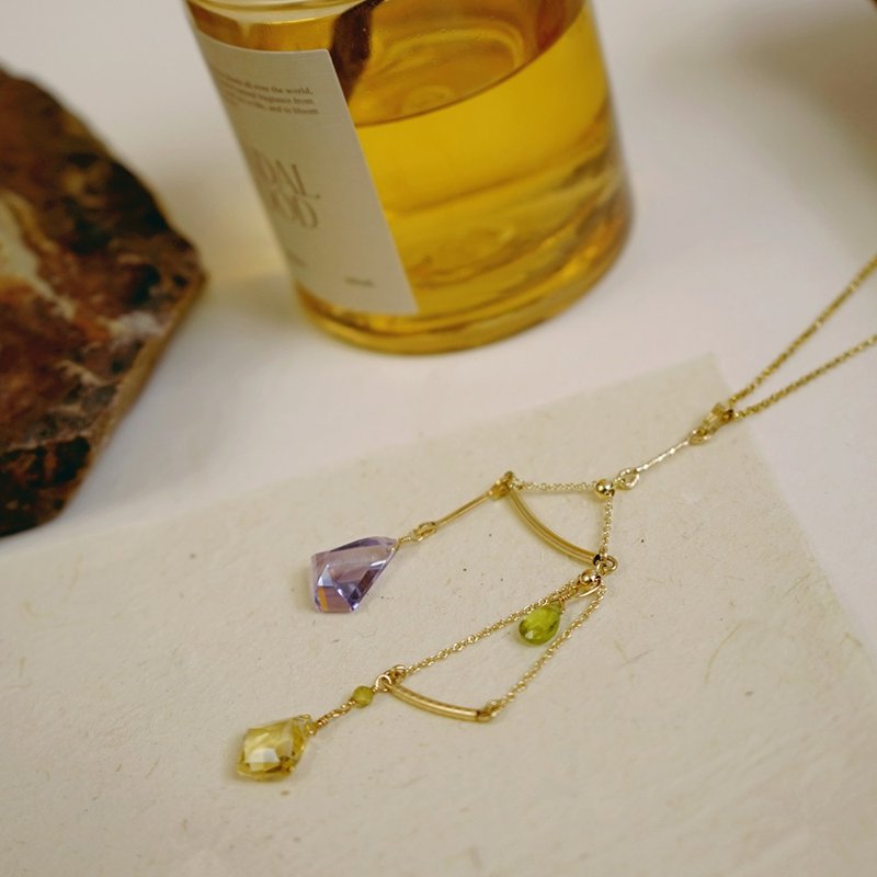 Three-color crystal balance long necklace made in the United States with 14K gold injection - สร้อยคอ - โลหะ สีเหลือง