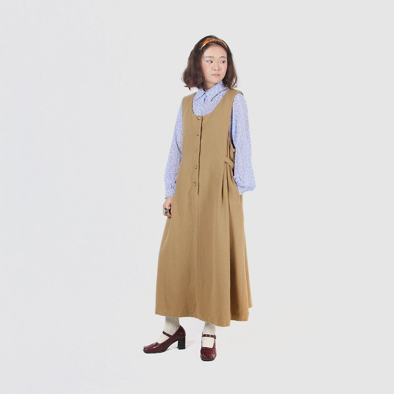 [Egg plant ancient] afternoon light wool vintage vest skirt - One Piece Dresses - Wool Brown