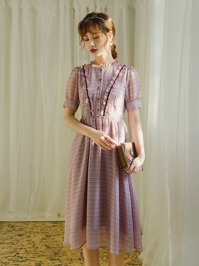 French Vintage Check Chiffon Short Sleeve Purple Mid-Length Dress - ชุดเดรส - เส้นใยสังเคราะห์ สีม่วง