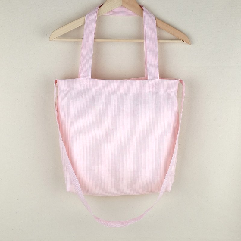 Pink & White Striped Linen Tote Bag - กระเป๋าแมสเซนเจอร์ - ผ้าฝ้าย/ผ้าลินิน สึชมพู