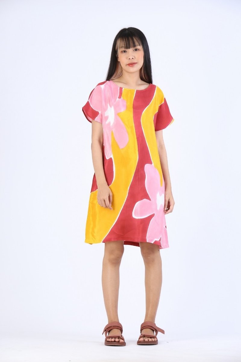 Short Dress Cotton Rayon Hand Paint For Summer Beach Vacatio - 洋裝/連身裙 - 棉．麻 粉紅色