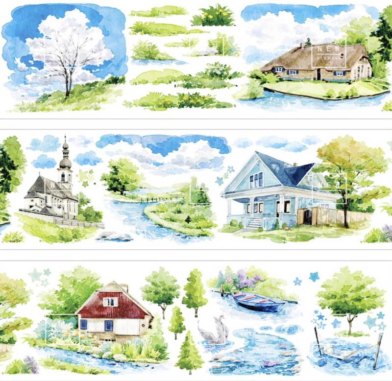 Hupan Qingling Watercolor Landscape PET Washi Tape Made in Taiwan 10m Roll - มาสกิ้งเทป - วัสดุอื่นๆ หลากหลายสี