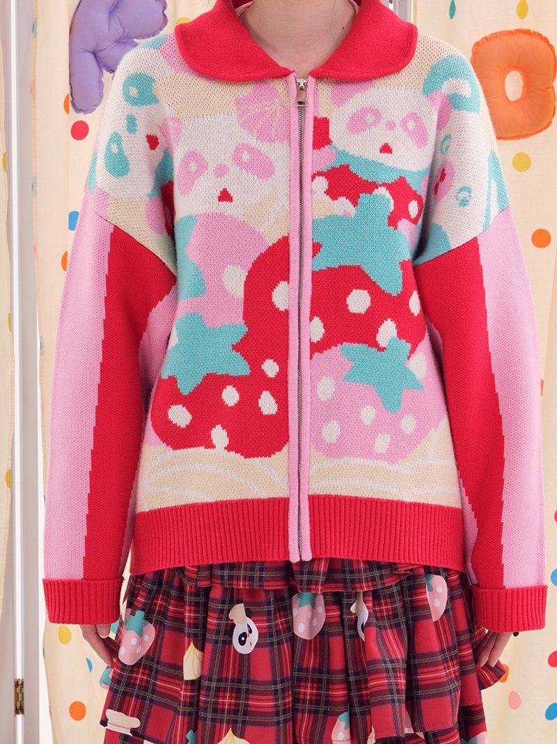 Strawberry Panda Knit Sweater Zipper Jacket Winter Loose - Women's Sweaters - Other Materials Multicolor