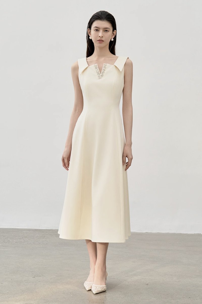 法式極簡 天絲麻混手工釘鑽連身裙 - 洋裝/連身裙 - 其他材質 多色