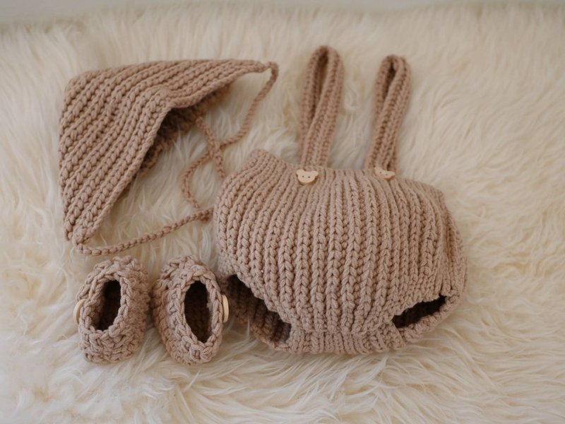 Newborn crochet clothes set/baby costume - ชุดเด็ก - ผ้าฝ้าย/ผ้าลินิน สีนำ้ตาล