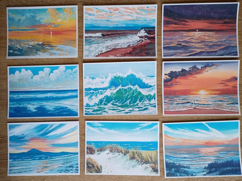 Gouache Seascape Postcard, Handpainted, A set of 9 paintings, Paper, Frameless - การ์ด/โปสการ์ด - กระดาษ 