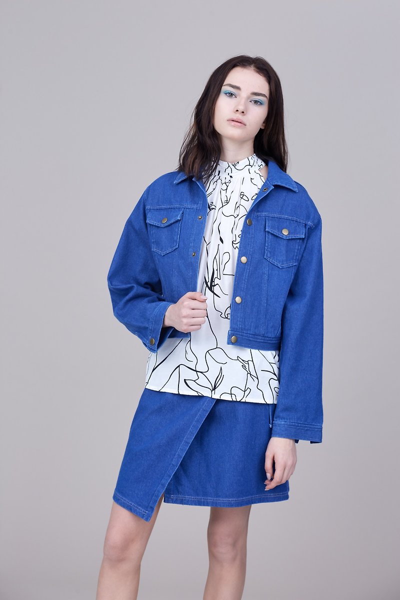 Shan Yong Indigo Long Sleeve Short Retro Denim Jacket - เสื้อแจ็คเก็ต - ผ้าฝ้าย/ผ้าลินิน 