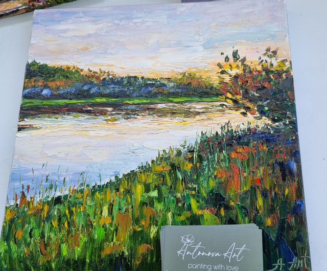 風景オリジナル油絵自然アートワーク川の絵 - ショップ