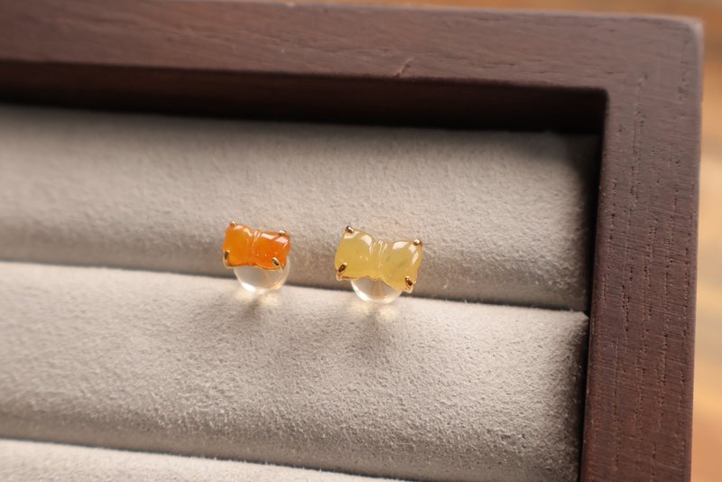 Natural Burmese Jade Bow Stud Earrings | 18K Gold - ต่างหู - หยก 