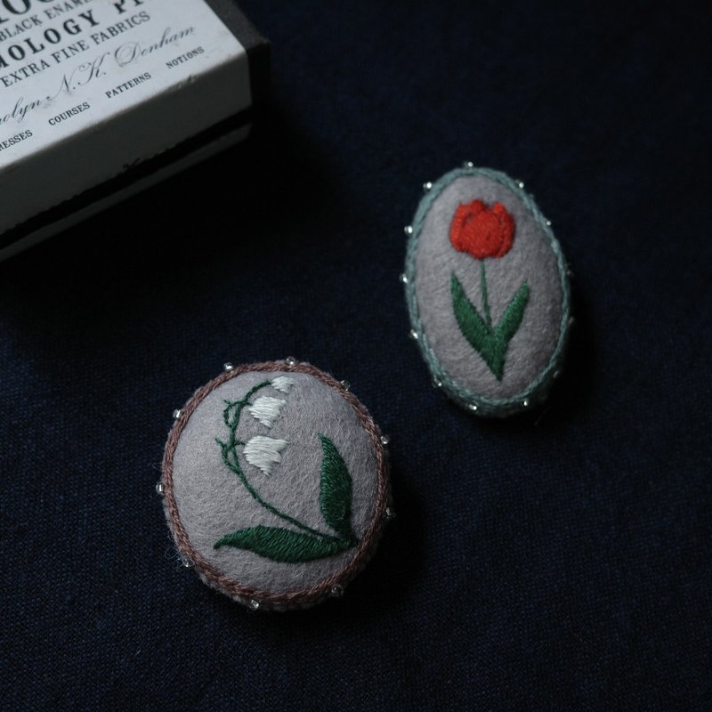 Tulip/lily of the valley retro pin material package brooch embroidery bead embroidery novice ok video tutorial - เย็บปัก/ถักทอ/ใยขนแกะ - ผ้าฝ้าย/ผ้าลินิน 