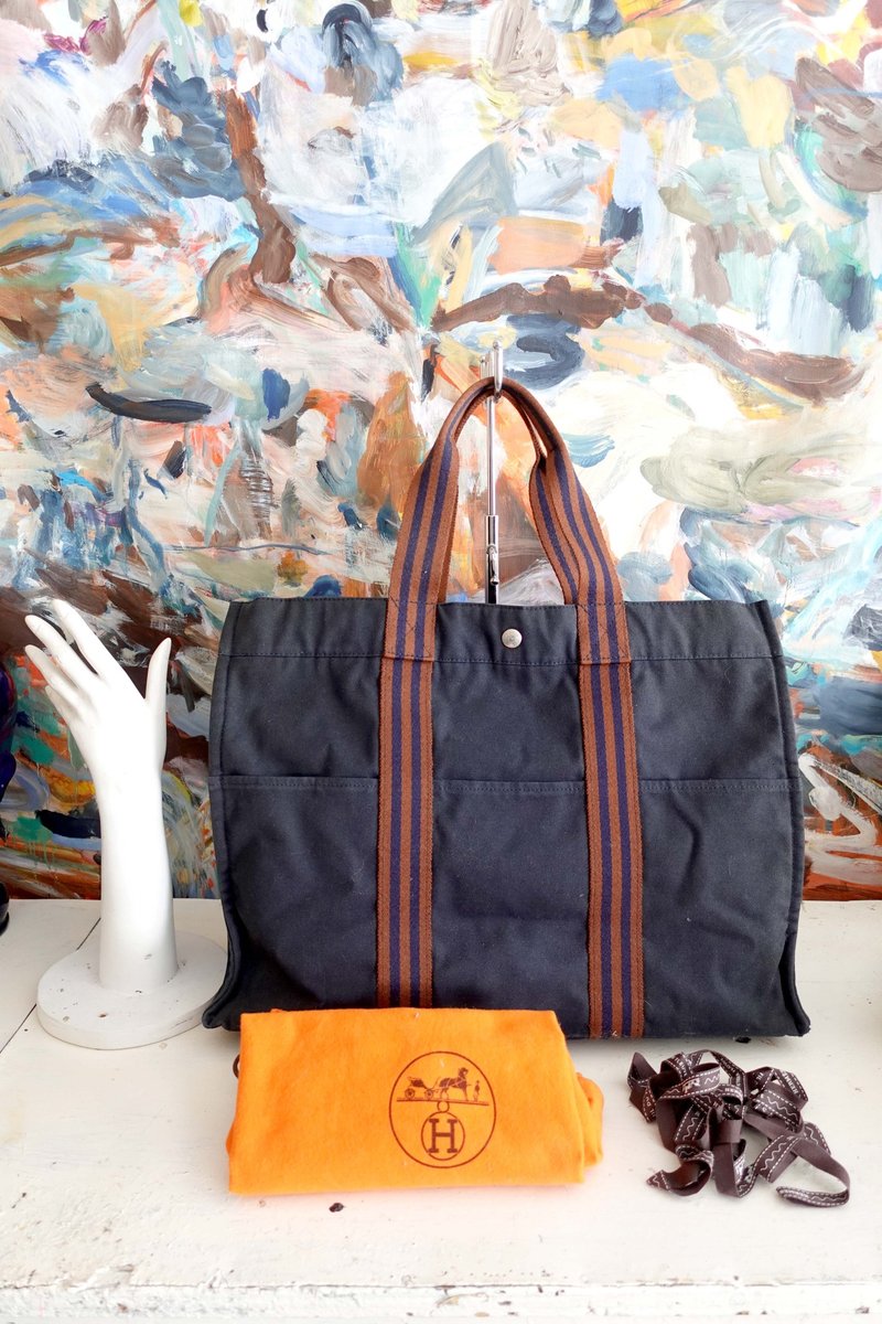法國正版中古品Hermes Canvas BookTote深藍色紅間條手袋手提包包 - 手提包/手提袋 - 棉．麻 藍色