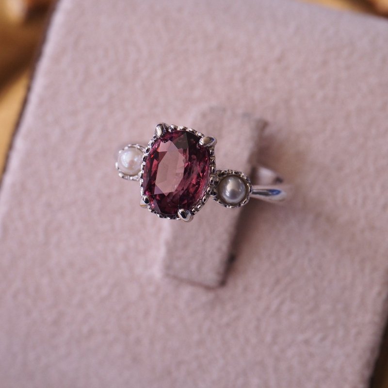 天然尖晶石 2.03ct 珍珠 手工純銀鍍金戒指 Spinel handmade ring - 戒指 - 寶石 紫色