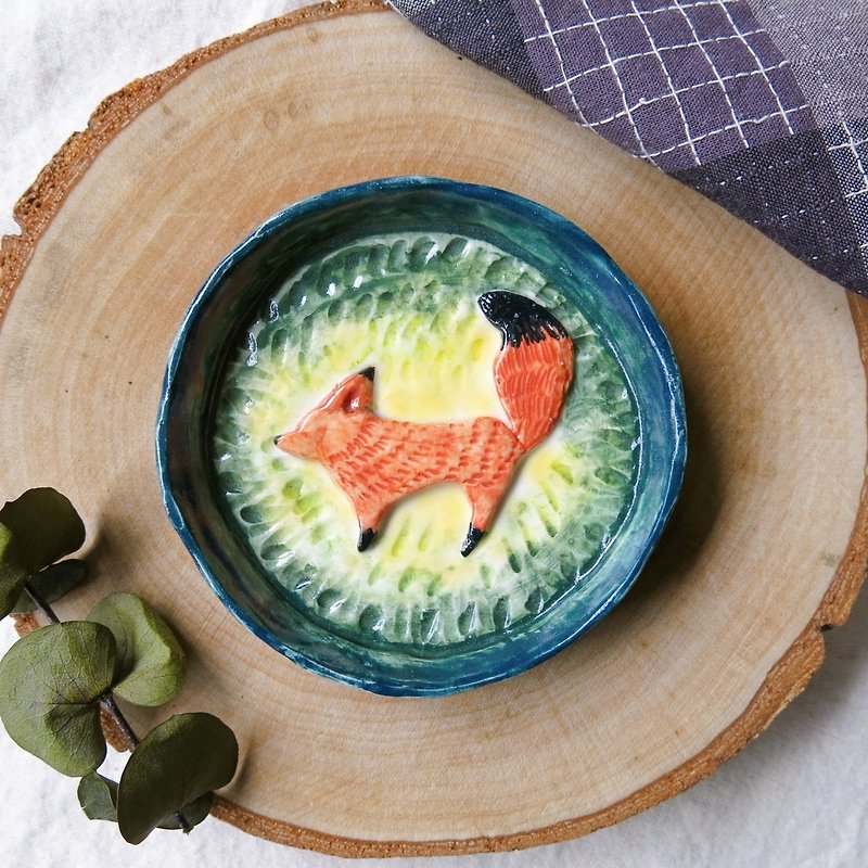 [Graduation Gift] Fox and Forest Smell Plate | Ceramics Card Writing - จานและถาด - เครื่องลายคราม สีเขียว