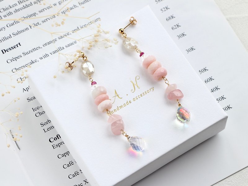 14kgf- pink opal flash quartz long pierced earrings - ต่างหู - เครื่องเพชรพลอย สึชมพู