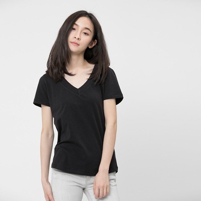 Elastic fiber cotton V-neck Women T-shirt /Black - Women's T-Shirts - Cotton & Hemp Black