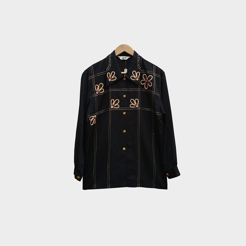 Crimping vintage embroidery black shirt - Women's Shirts - Polyester Black