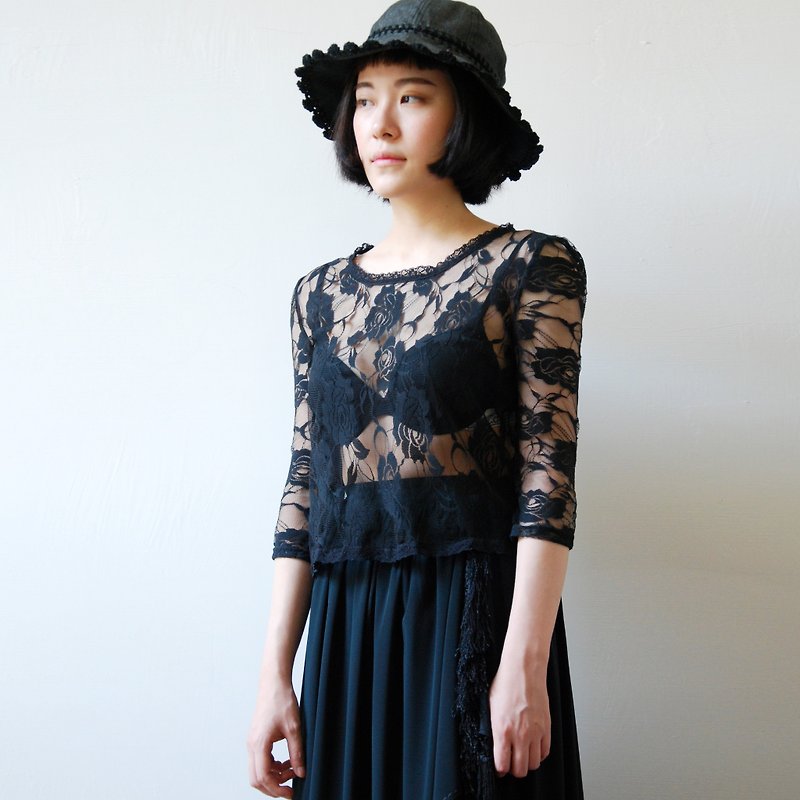 Through the skin vintage rose lace blouse - Women's Tops - Other Materials 