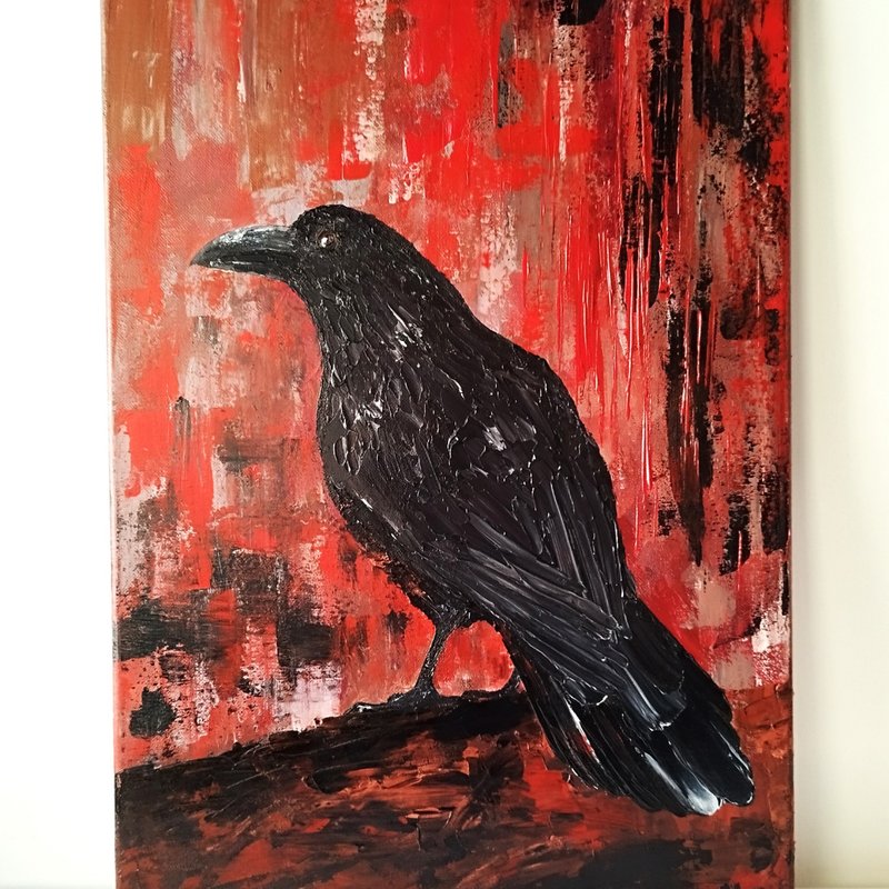 掛畫 Black Raven Acrylic Painting Bird Art On Canvas – Handcrafted with Love - 壁貼/牆壁裝飾 - 壓克力 多色