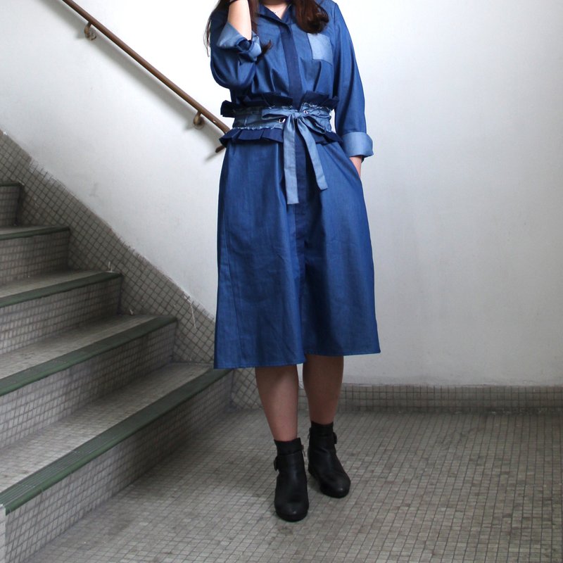 牛仔腰封腰帶連身裙 - 洋裝/連身裙 - 棉．麻 