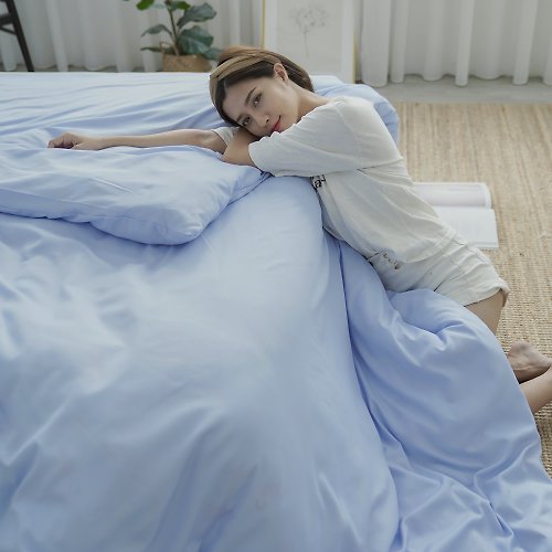 小日常寢居 清新素色100%防水防蹣床包/床包組/床包被套組/台灣製/天空藍