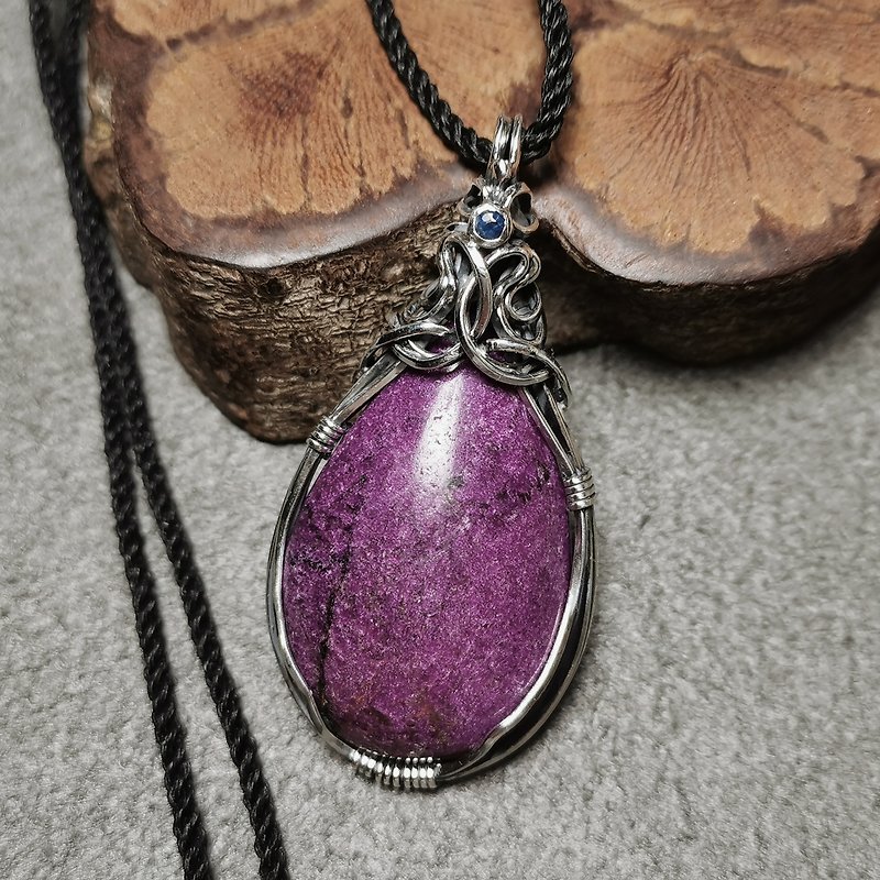 Purple phosphorite/sapphire-sterling silver braided design large pendant/with waterproof Wax thread necklace - สร้อยคอ - เครื่องเพชรพลอย สีม่วง
