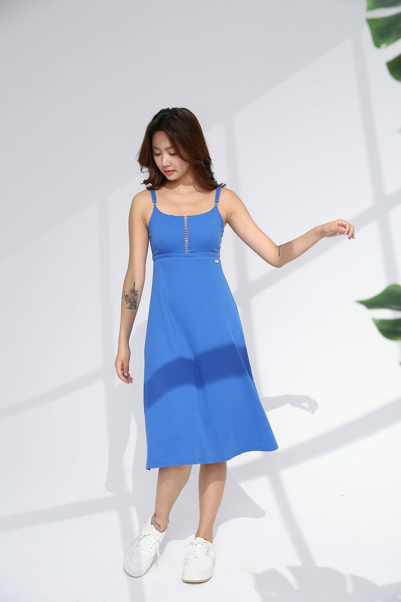Hollowed-Out Long Cami Dress with pads - One Piece Dresses - Cotton & Hemp Blue