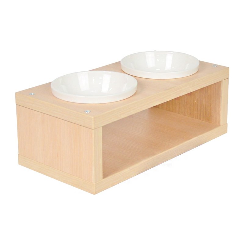 【MOMOCAT】Mouth-shaped Dining Table Natural White Oak Bowl Rack with Porcelain Bowl - Pet Bowls - Wood 