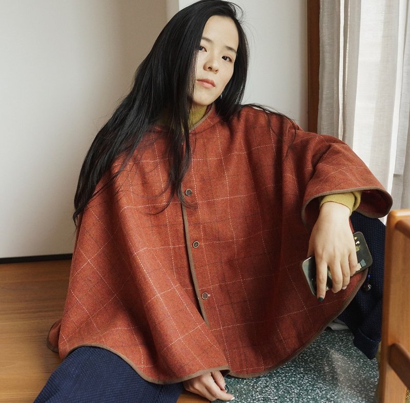 羊毛呢料 橘色格子 親子款披風 連帽 圍巾披肩冬季保暖 - 女大衣/外套 - 羊毛 橘色