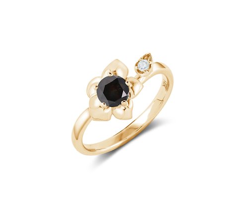 Majade Jewelry Design 黑鑽石14k黃金花朵訂婚戒指 非傳統蘭花結婚戒指 大自然花卉戒指