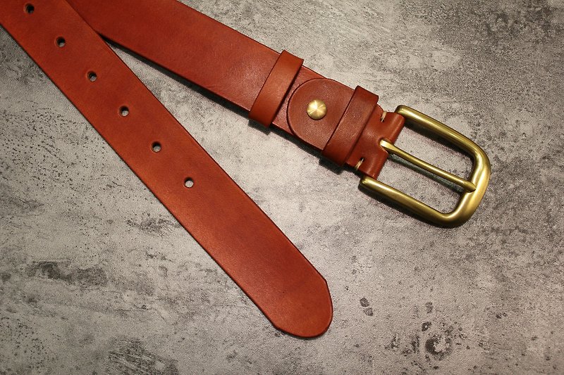 [Mini5] hand dyed handmade belt / vegetable tanned leather / brass head / unisex (brown) - เข็มขัด - หนังแท้ 
