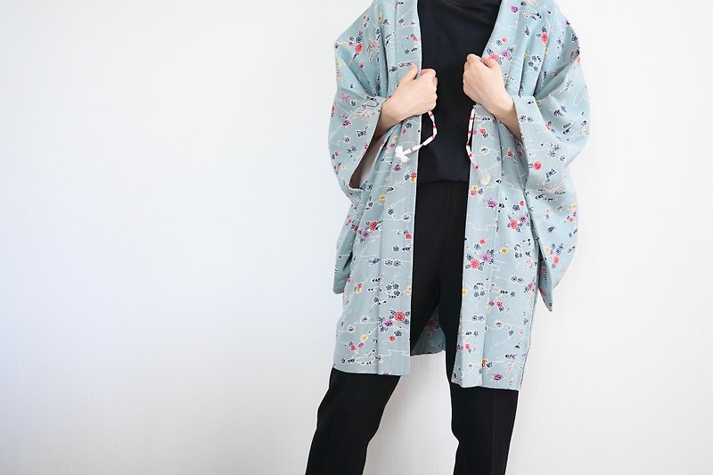 Japanese KIMONO, floral kimono, blue haori, authentic kimono, traditional kimono - Women's Casual & Functional Jackets - Silk Blue