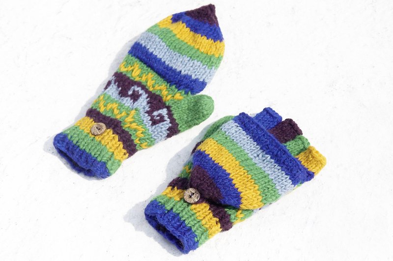 Christmas gift creative gift limited one hand-woven pure wool knitted gloves / detachable gloves / inner brush gloves / warm gloves (made in nepal)-South America Magic Blue Forest Ethnic Totem - ถุงมือ - ขนแกะ หลากหลายสี