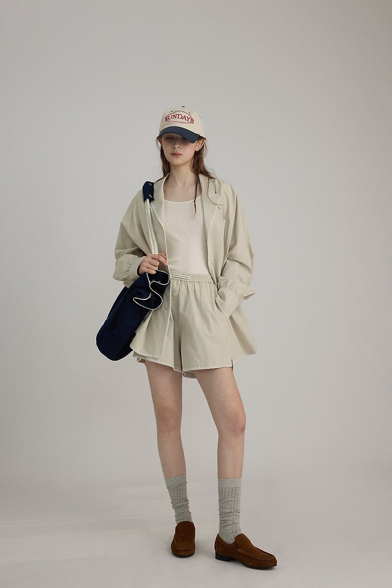 French minimalist loose shirt shorts lazy suit - เสื้อเชิ้ตผู้หญิง - วัสดุอื่นๆ สีกากี